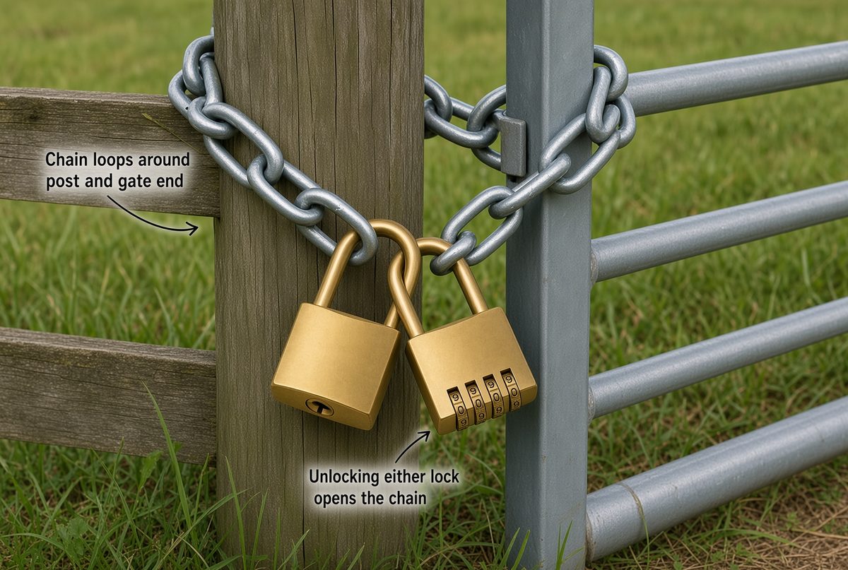 Two brass padlocks interconnected on a chain