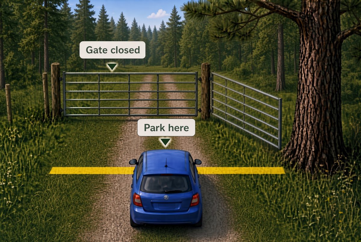 Park short of the pine tree — gate swings to the tree
